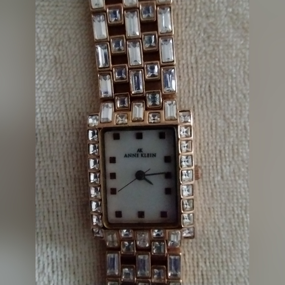 VINTAGE ANNE KLEIN TANK WATCH COVERED IN CRYSTALS, 7" LONG W/Clasp - Picture 3 of 5